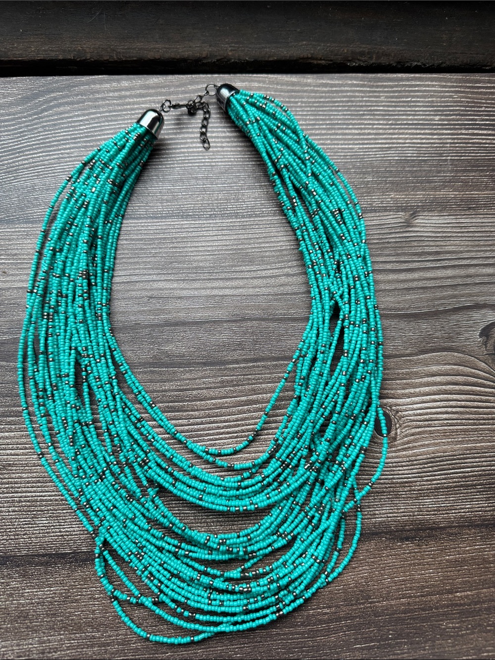 Turquoise Multi Strand Seed Bead Statement Necklace Silver Tone Boho Bib
